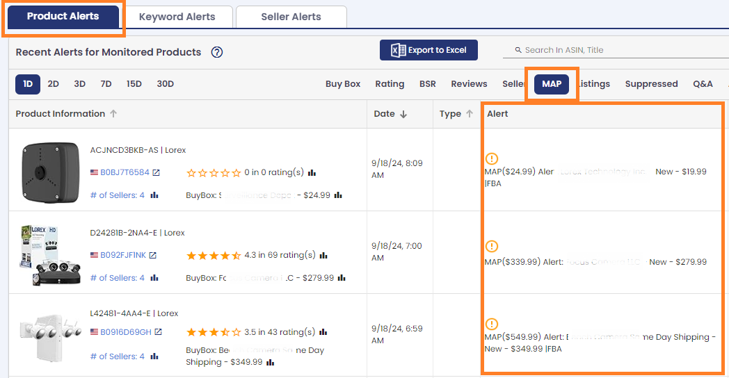 MAP Price Alerts on AmzMonitor Dashboard