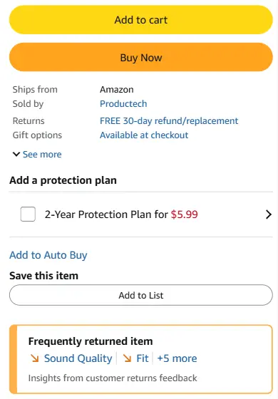 Amazon Frequently Returned Item badge on Amazon product page