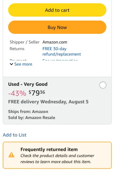 Amazon Frequently Returned Item badge on Amazon mobile product page