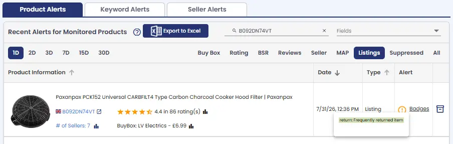 AmzMonitor dashboard alert showing a Frequently Returned Item badge change detected on a monitored ASIN
