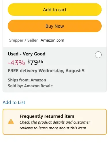Amazon Frequently Returned Item badge on Amazon product page
