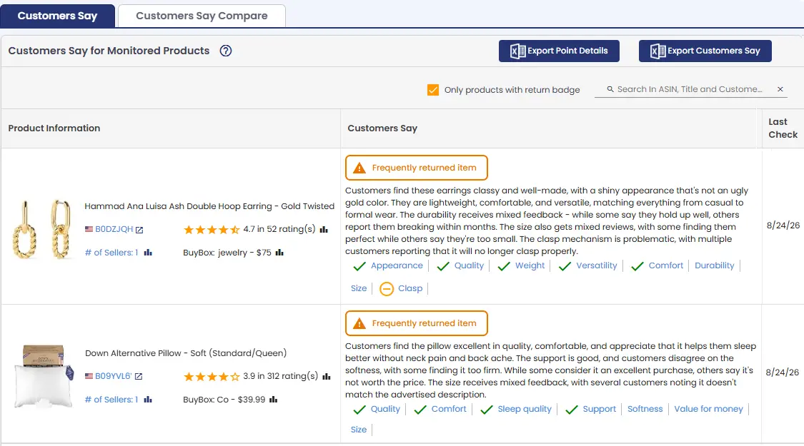 AmzMonitor Return Rate Badge on Customers Say Report