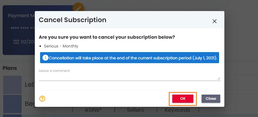 Cancel Subscription confirmation