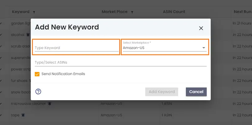type keyword select Amazon marketplace