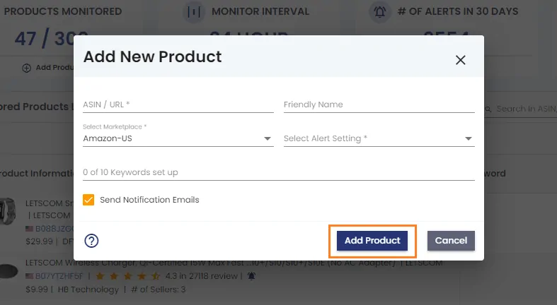 add ASIN number and select the marketplace