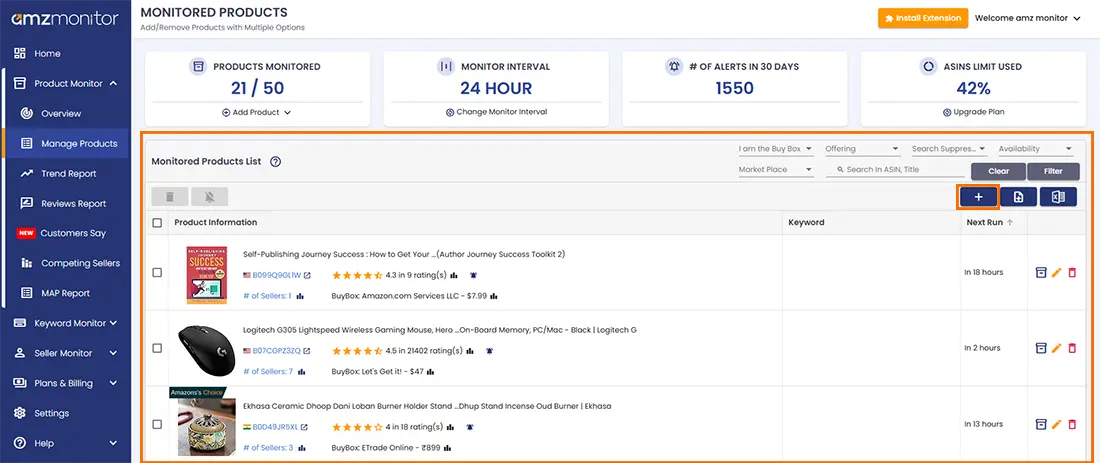 manage product monitoring menu