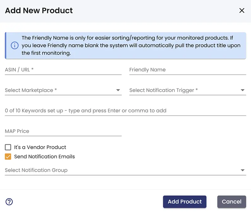 manage product monitoring popup