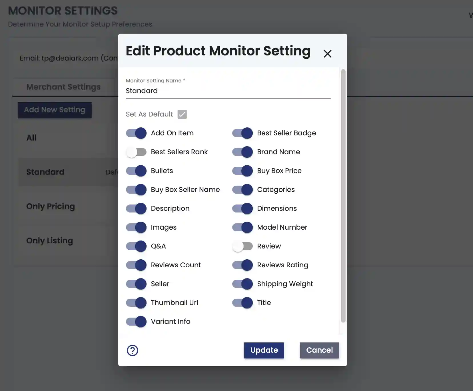 product monitor settings