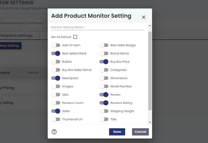 Product Monitor Setting set as default