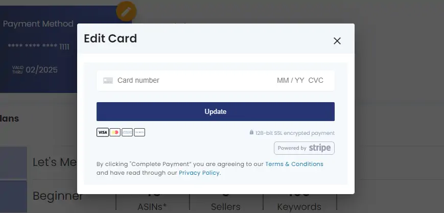 add new credit card details and update